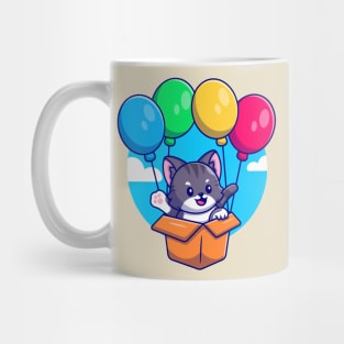 Cute Cat Flying With Cardboard Box And Balloon Cartoon Mug